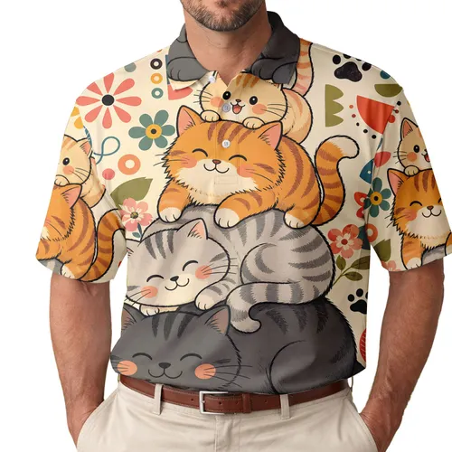 Playful Cat Stack With Retro Playroom Motifs For Casual Weekend Wear And Cat Lovers Men's Polo Shirt