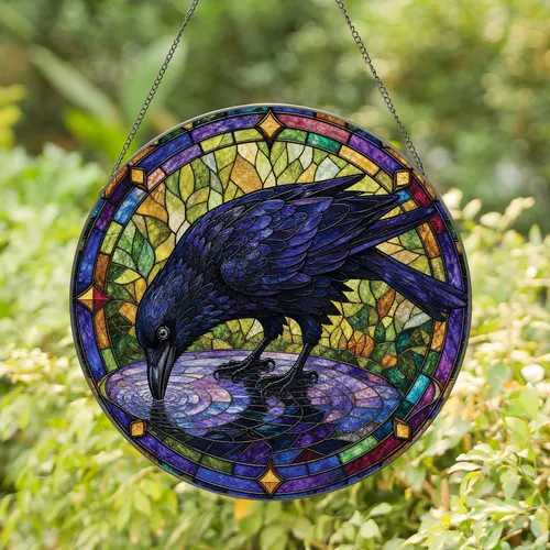 Leaded Stained Glass Raven Window Decor for Gothic Halloween Homes and Bird Lovers Stained Glass Suncatcher