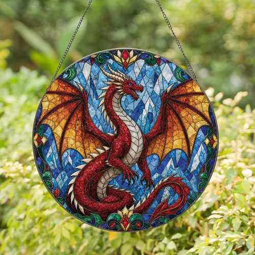 Ruby Red Dragon Stained Glass Window Hanging for Gothic Fantasy Home Decor Gifts Stained Glass Suncatcher