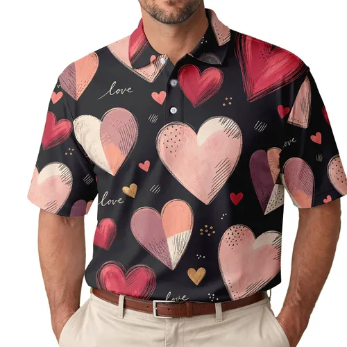 Hand-Painted Pink And Red Hearts For Valentine Date Nights And Romantic Gifts Men's Polo Shirt