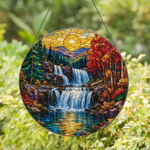Autumn Waterfall Stained Glass Window Decor for Cozy Cabin and Nature Lovers Home Stained Glass Suncatcher