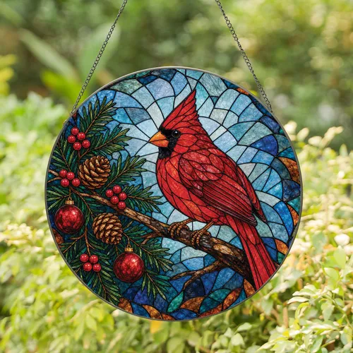 Red Cardinal Stained Glass Window Decor for Christmas Bird Lovers and Memorial Gifts Stained Glass Suncatcher