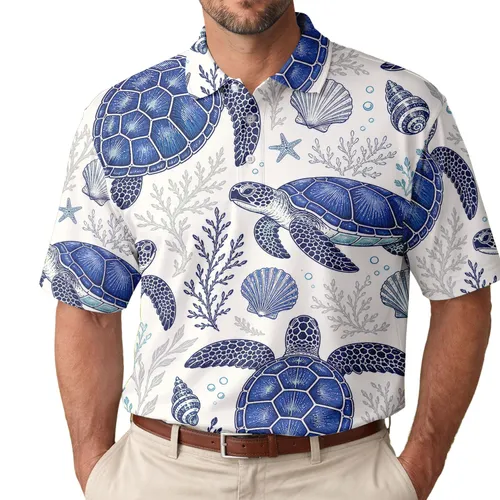 Blue Sea Turtles And Shells For Beach Vacations, Coastal Travel, And Ocean Lovers Men's Polo Shirt