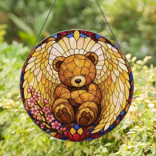 Sleeping Teddy Bear Angel Wings Stained Glass Window Decor for Nursery and Memorial Gifts Stained Glass Suncatcher