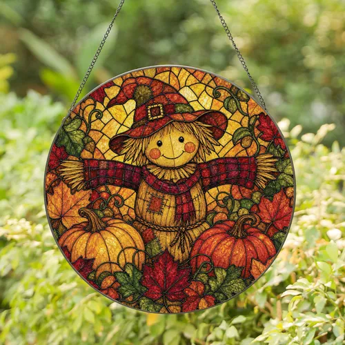 Autumn Scarecrow And Pumpkins Stained Glass Style Decor For Thanksgiving Harvest Homes Stained Glass Suncatcher