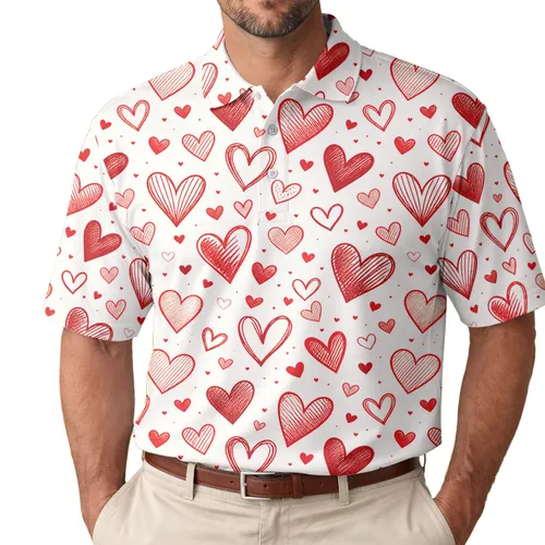 Hand Drawn Crimson Hearts For Valentine's Day Romantic Gifts And Casual Everyday Wear Men's Polo Shirt