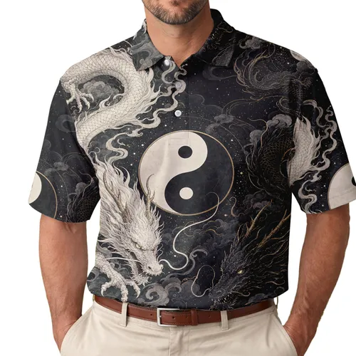 Yin Yang Dragons In Japanese Ink Style For Mystical Streetwear And Festival Looks Men's Polo Shirt