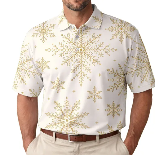 Antique Gold Snowflake Christmas Holiday Party Outfit for Men Winter Celebrations Men's Polo Shirt