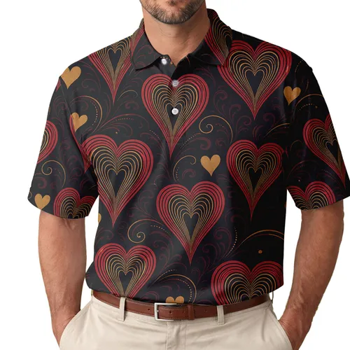 Art Deco Crimson Gold Heart Motif For Romantic Parties And Valentine's Day Outfits Men's Polo Shirt