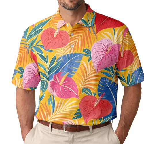 Tropical Anthurium And Palm Foliage For Resort Vacations And Summer Beach Parties Men's Polo Shirt