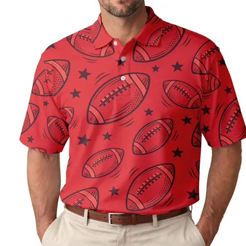 Red American Football And Stars For Game Day Tailgating And Casual Sports Fan Outfits Men's Polo Shirt