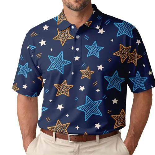 Hand Drawn Cyan, Amber And Ivory Stars For Beach Days And Casual Summer Style Wear Men's Polo Shirt