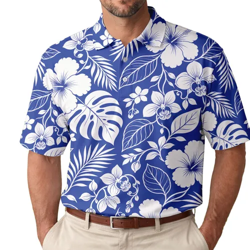 Cobalt Blue White Tropical Floral Botanical Hawaiian Beach Vacation Resort Wear Style Men's Polo Shirt