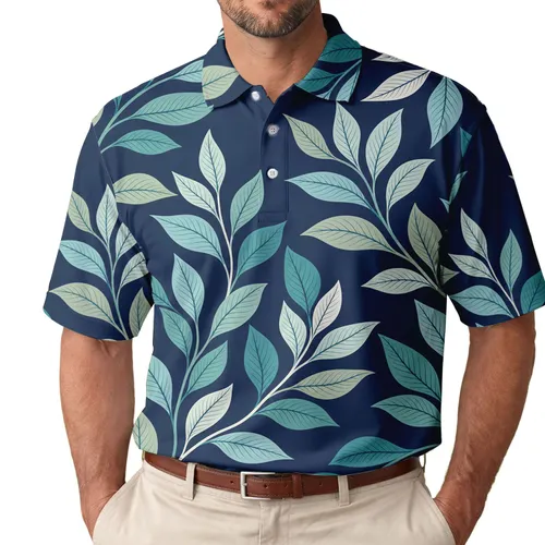 Midnight Navy Mint Tropical Leaf Botanical Motif For Beach Vacations And Resort Wear Men Men's Polo Shirt