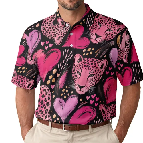 Abstract Pink Leopard Hearts For Date Night, Festival Style, And Bold Everyday Wear Men's Polo Shirt