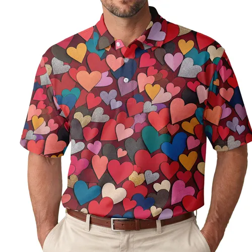 Colorful Paper Cut Hearts for Valentine Celebrations and Romantic Everyday Style Men's Polo Shirt