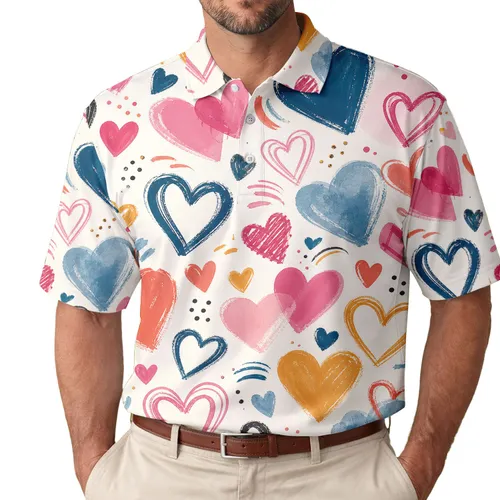 Colorful Hand-Painted Hearts For Valentine’s Day Dates And Everyday Romantic Style Men's Polo Shirt