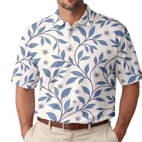 Blue Botanical Vine Motif For Coastal Getaways, Resort Wear And Weekend Casual Style Men's Polo Shirt