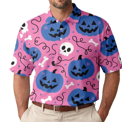 Blue Pumpkin And Skull Halloween Pink Spooky Cute Party Wear For Adults And Teens Men's Polo Shirt