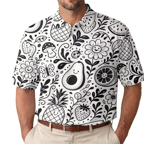 Black And White Fruit Garden Doodles For Casual Summer Outings And Food Lovers Everywhere Men's Polo Shirt