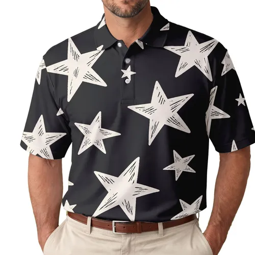 White Hand Painted Stars On Black For Casual Streetwear Dates And Night Out Style Men's Polo Shirt
