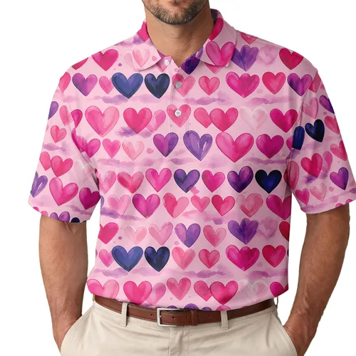 Watercolor Pink Heart Allover For Valentine’s Day Gifts And Romantic Everyday Wear Men's Polo Shirt