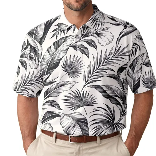 Monochrome Tropical Botanical Leaves For Resort Travel And Beach Vacation Outfits Men's Polo Shirt