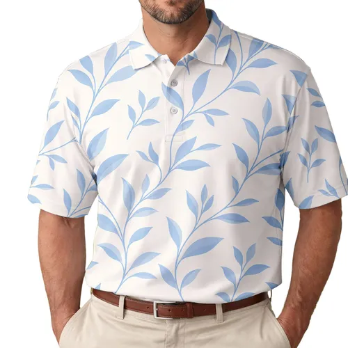 Powder Blue Botanical Vine Motif For Beach Vacations, Resort Wear And Summer Dates Men's Polo Shirt