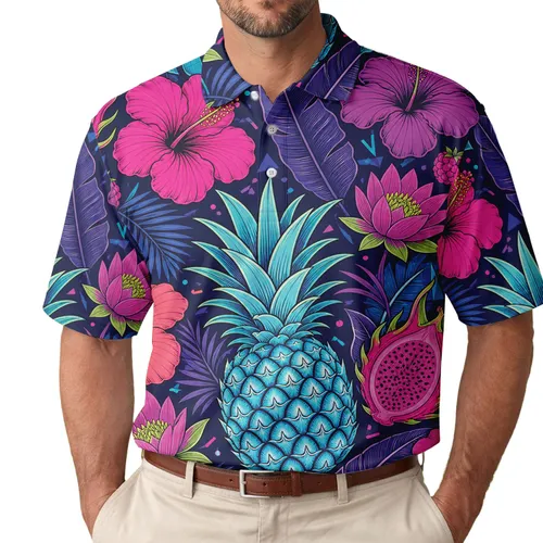 Neon Pineapple Hibiscus For Beach Nights, Resort Getaways And Men's Summer Style Men's Polo Shirt