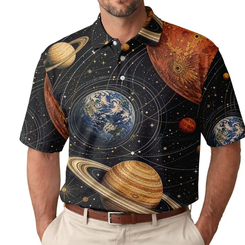 Celestial Solar System Galaxy Scene for Space Lovers, Travel Days and Casual Outings Men's Polo Shirt