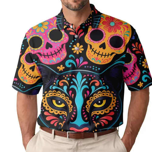 Day Of The Dead Panther Sugar Skull Neon Floral Festival Party Gift For Cat Lovers Men's Polo Shirt
