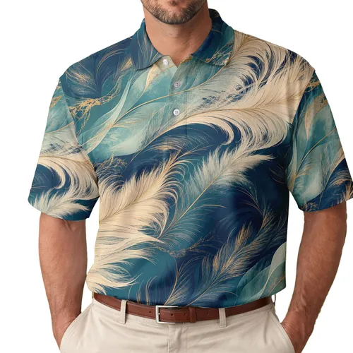Teal Ivory Abstract Feather Waves For Coastal Vacations Golf And Resort Wear Men Men's Polo Shirt