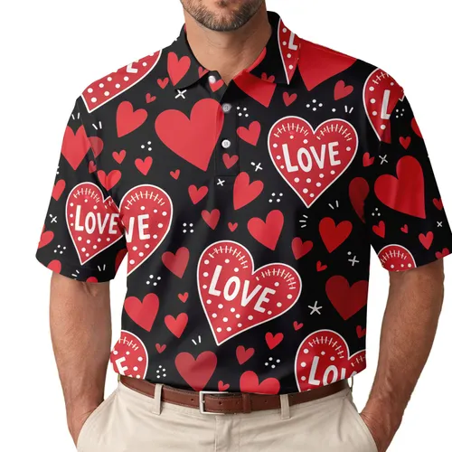 Red Love Hearts On Jet Black For Valentine's Day Dates And Romantic Casual Outfits Men's Polo Shirt