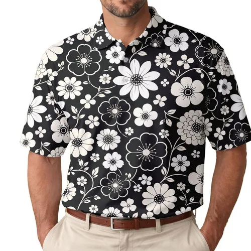 Black And White Floral Garden For Summer Beach Parties And Everyday Casual Style Men's Polo Shirt