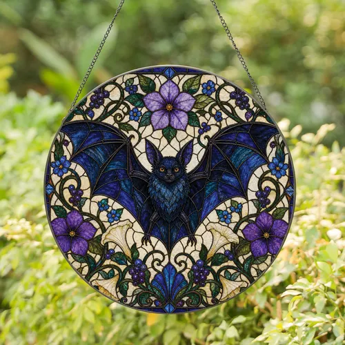 Gothic Stained Glass Bat With Violet Flowers Halloween Window Decor For Witchy Homes Stained Glass Suncatcher