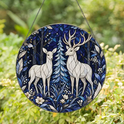 Stained Glass Deer Pair for Christmas Woodland Window Decor and Winter Home Gifts Stained Glass Suncatcher