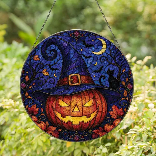 Halloween Jack O Lantern In Witch Hat Stained Glass Style Autumn Night Window Decor Stained Glass Suncatcher