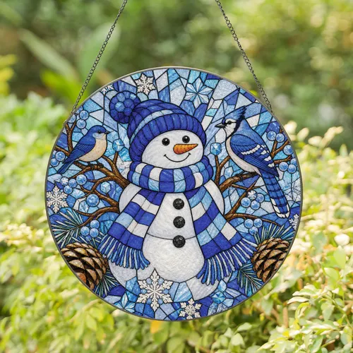 Stained Glass Snowman And Blue Birds For Christmas Holiday Home Window Decor Gifts Stained Glass Suncatcher