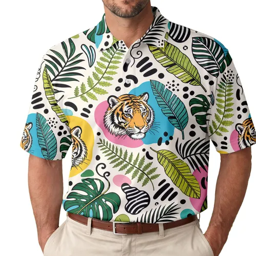Colorful Jungle Tiger And Tropical Leaf Resort Style For Beach Trips And Casual Days Men's Polo Shirt