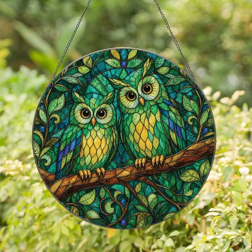 Green Stained Glass Owl Pair For Woodland Window Decor And Thoughtful Housewarming Gifts Stained Glass Suncatcher