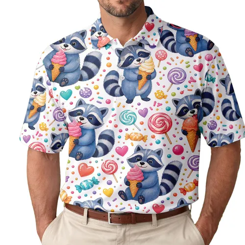 Blue Raccoons With Ice Cream And Candy Motifs For Casual Summer Streetwear Outfits Men's Polo Shirt