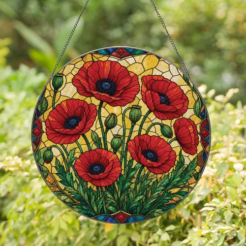 Red Poppy Stained Glass Window Decor Gift for Garden Cottage Homes and Flower Lovers Stained Glass Suncatcher