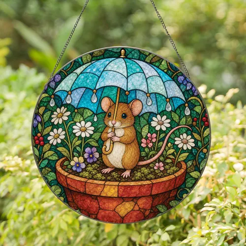 Stained Glass Mouse With Blue Umbrella Garden Window Decor For Spring Cottage Homes Stained Glass Suncatcher