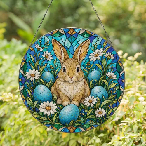 Stained Glass Easter Bunny With Blue Eggs For Spring Home Decor And Garden Lovers Stained Glass Suncatcher