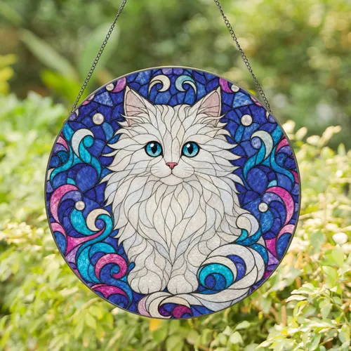 White Kitten Stained Glass Window Decor For Cat Lovers And Colorful Home Display Stained Glass Suncatcher