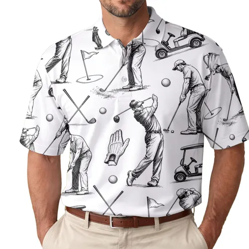 Monochrome Golf Sketch Motifs For Weekend Clubhouse And Course Day Active Golfers Men's Polo Shirt