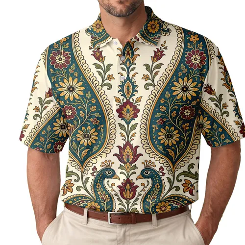 Teal Paisley Floral Ornamental Motifs For Vintage Boho Casual Everyday Summer Wear Men Men's Polo Shirt