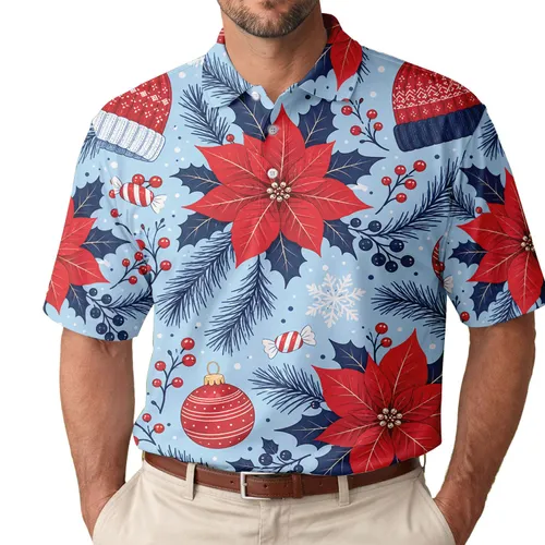 Christmas Poinsettia Holly Snowflake Santa Hat Motifs for Holiday Parties and Gifts Men's Polo Shirt