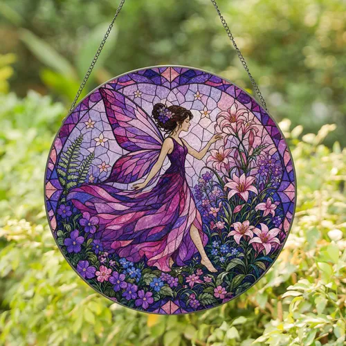 Purple Stained Glass Fairy Garden Window Decor for Enchanted Cottage Gift Giving Stained Glass Suncatcher