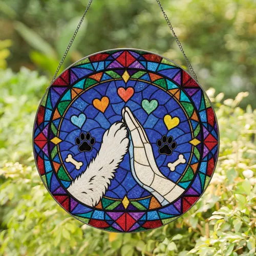 Human Dog High Five Stained Glass Pet Love Gift for Dog Moms and Animal Loving Homes Stained Glass Suncatcher